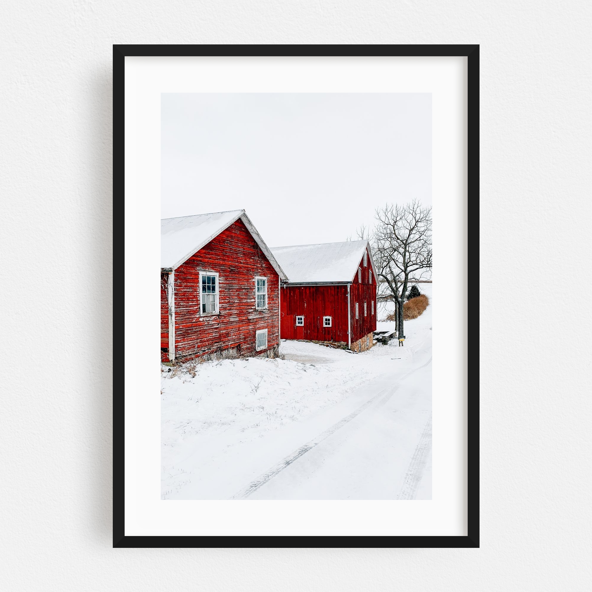 "Red Barns in Snow" Glen Rock Winter Framed Wall Art Print for wholesale by The Americana Project
