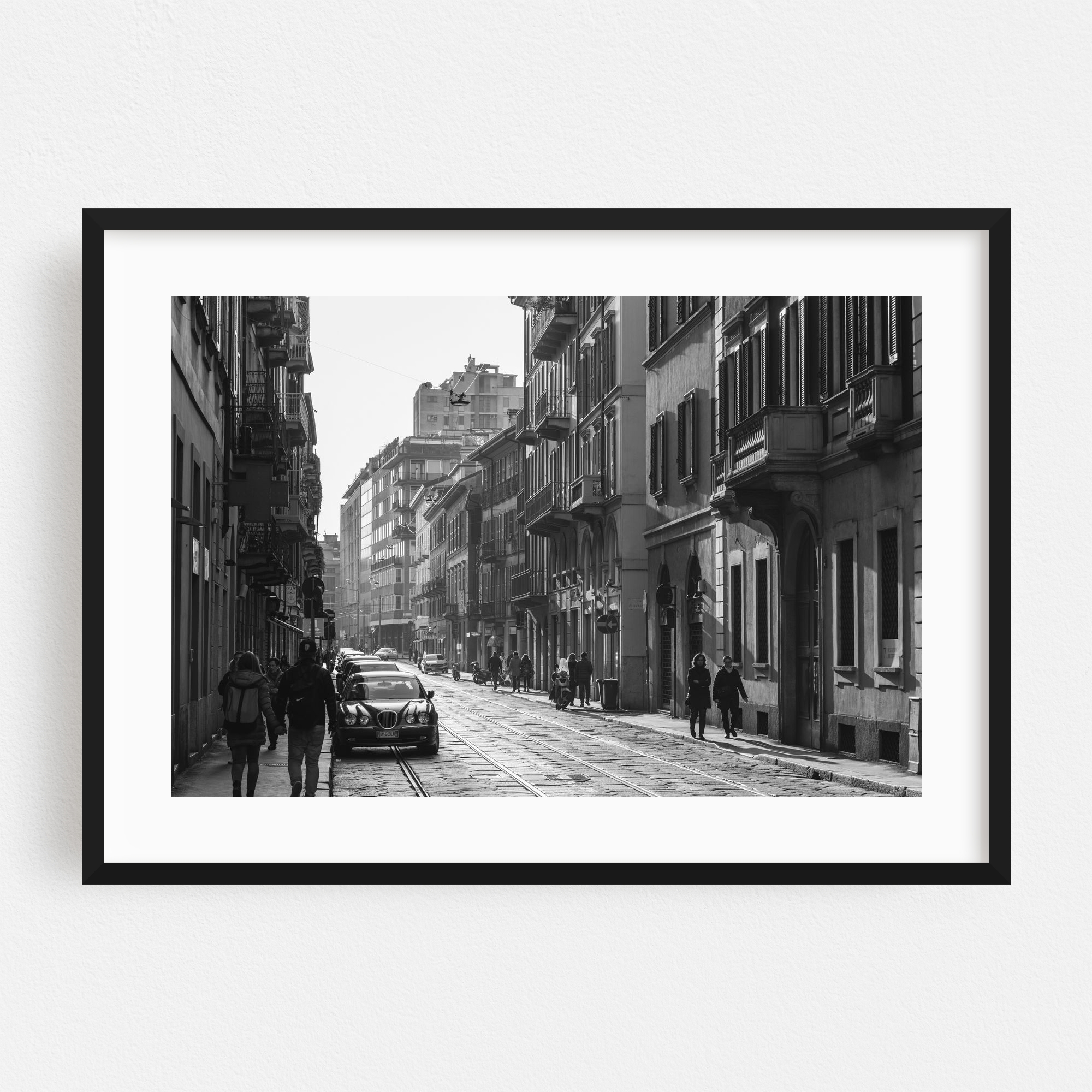 "An Evening in Brera B&W" Milan Framed Wall Art Print for wholesale by The Americana Project
