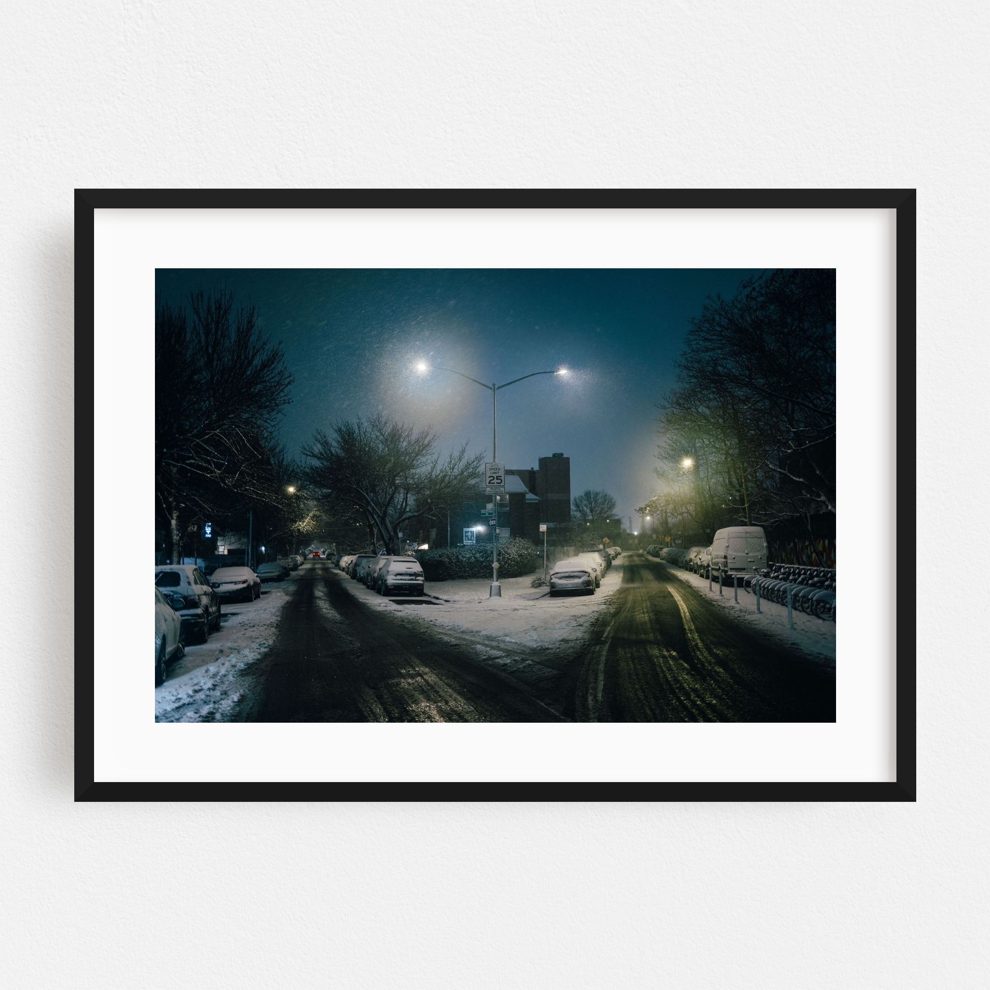 "Snowstorm in Elmhurst" Queens Winter Framed Wall Art Print and other Wholesale elmhurst for your store trending on Faire.